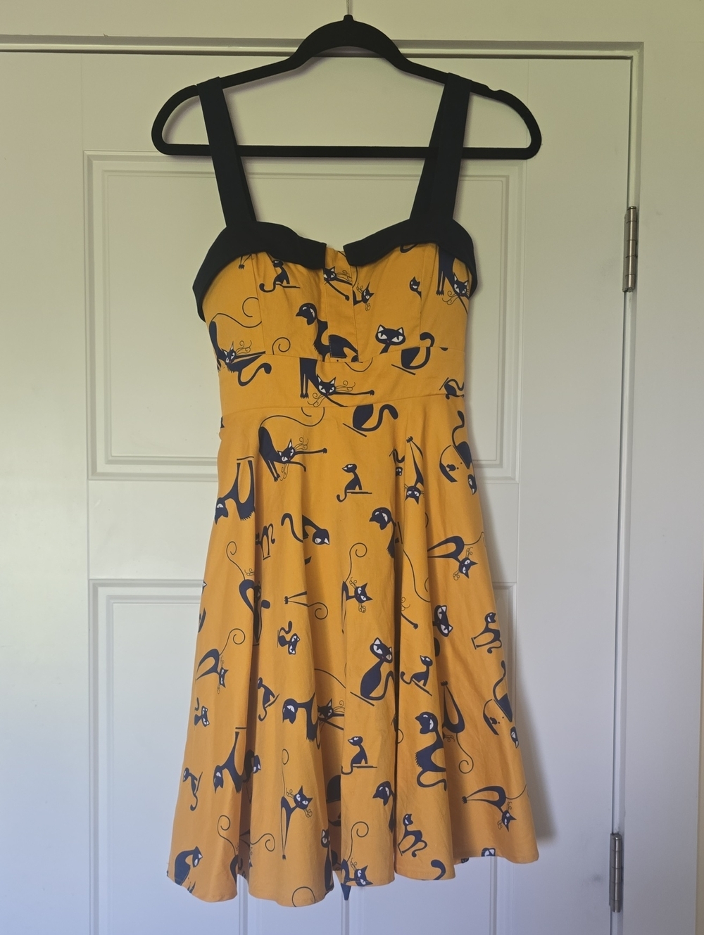Yellow Cat Print Fit-and-Flare Dress with Navy Trim